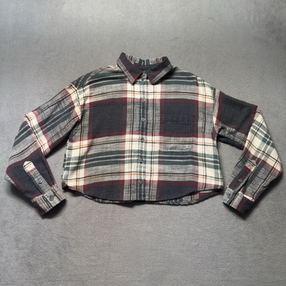 American Eagle Womens XS Cropped Button Up Flannel Shirt Multicolor Plaid EUC